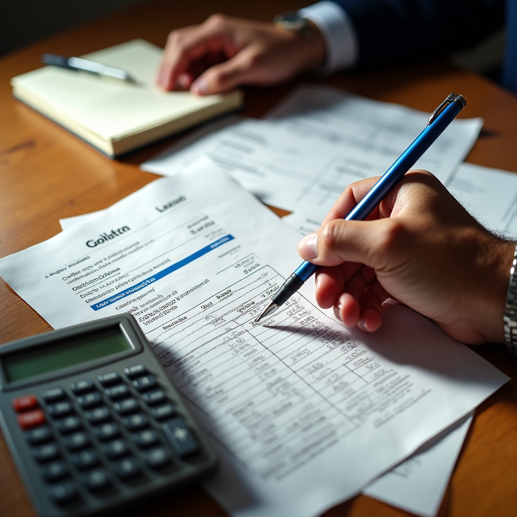 Close-up of Mexican bank statements, credit card bills, and utility bills spread on a wooden table with a calculator