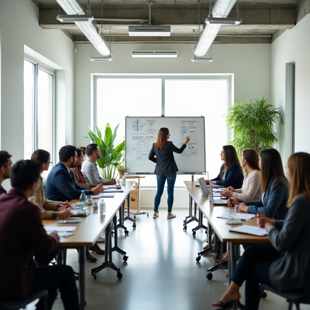 Bright workshop room with participants seated at tables, instructor at whiteboard explaining financial concepts