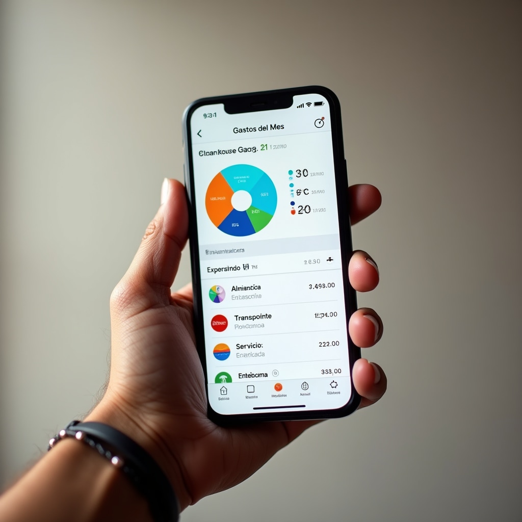 Smartphone displaying financial tracking app with expense categories and budget charts in Spanish