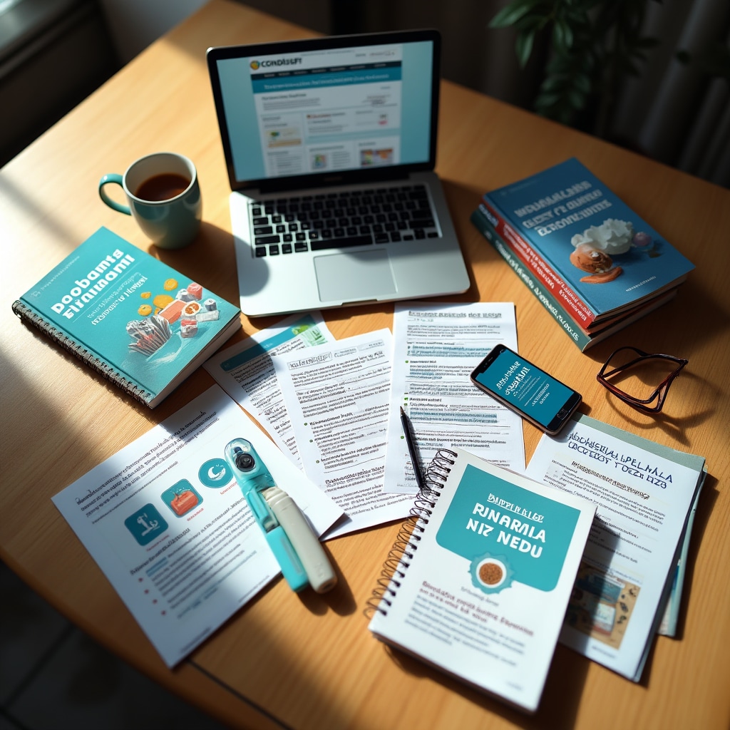 Desk with financial literacy books, printed guides, laptop showing educational content, and notebooks