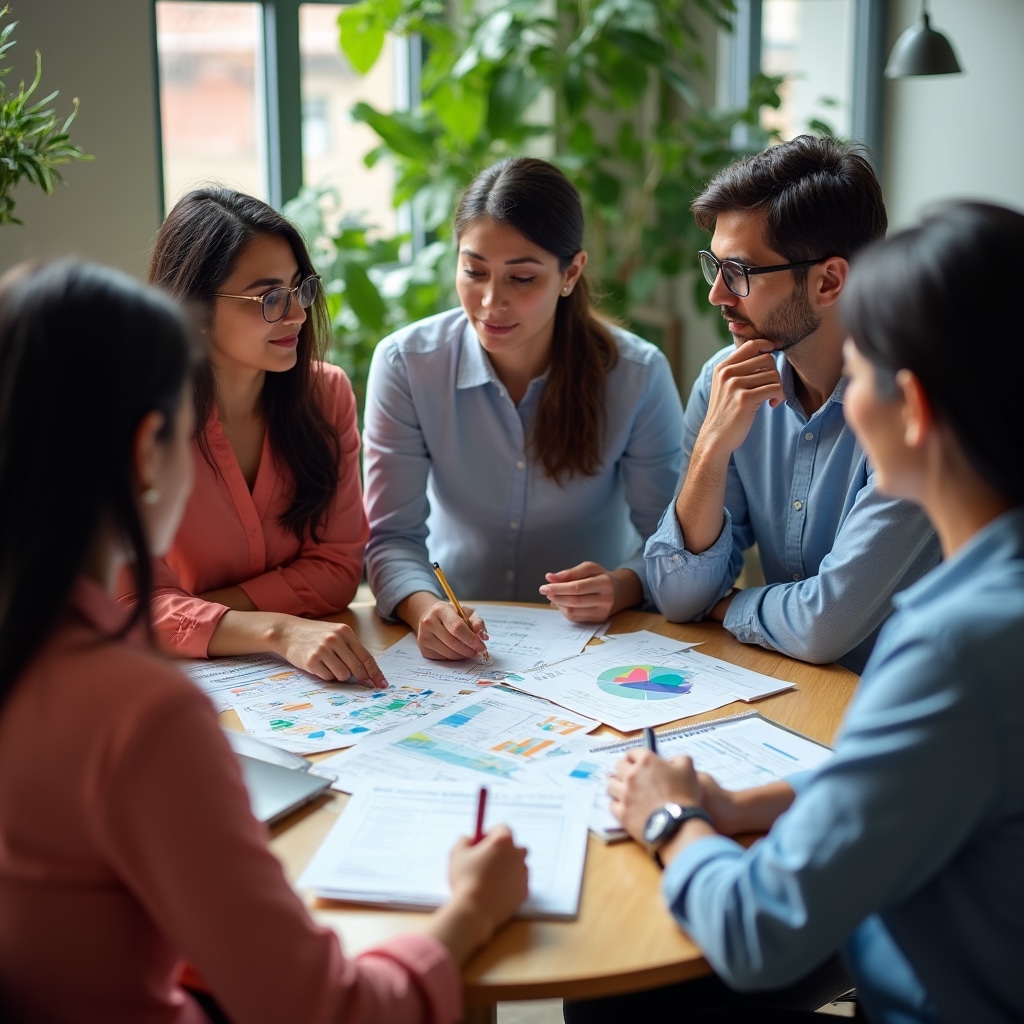 Small group of five adults working together at a table, reviewing financial documents and taking notes