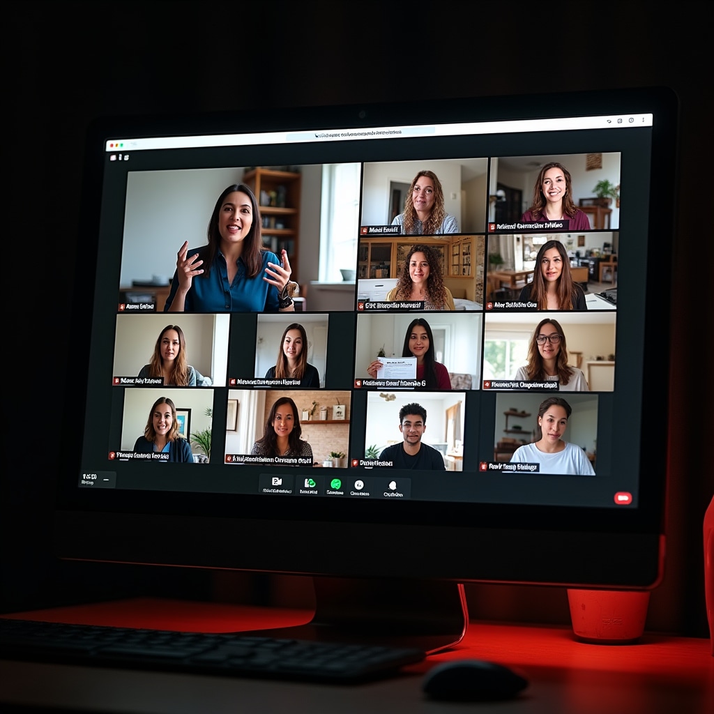 Computer screen showing video conference grid with instructor and participants in a virtual financial literacy workshop